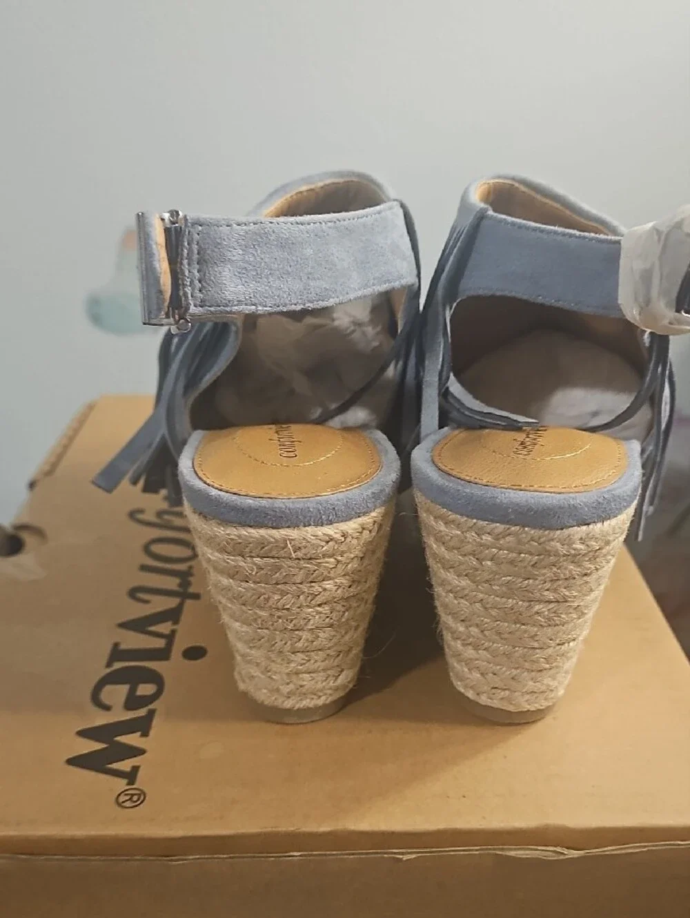 comfortview Light Blue Fringe Espadrille Wedge Sandals